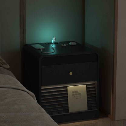 Black Smart Nightstand with Charging Station & LED Night Light – Bedside Table with Storage Cabinet