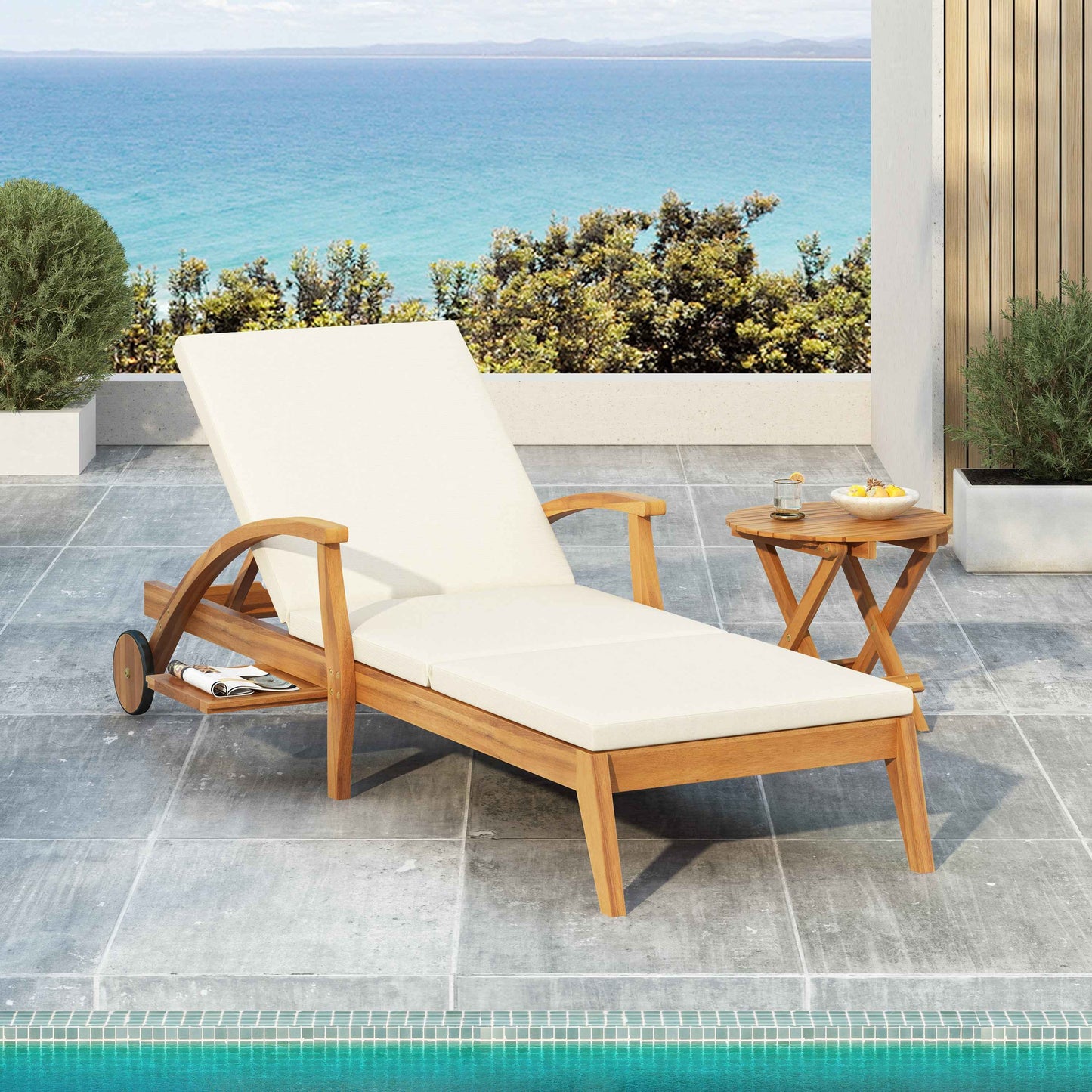 Acacia Wood Outdoor Chaise Lounge with Wheels – Adjustable Patio Recliner with Cream Cushion