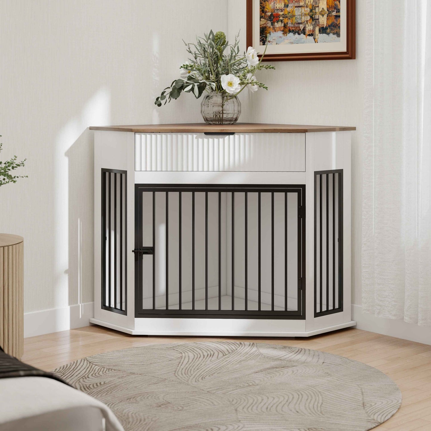 White Corner Dog Crate Furniture – MDF Kennel Cabinet with Fluted Storage Drawer & Steel Door (United States Delivery Only)