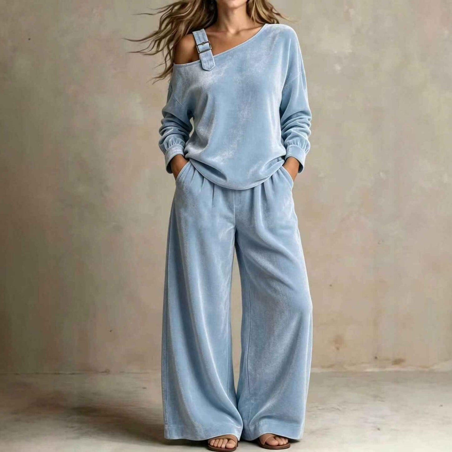 Women’s Velvet Two-Piece Set – Elegant Off-Shoulder Long-Sleeve Top & Full-Length Pants