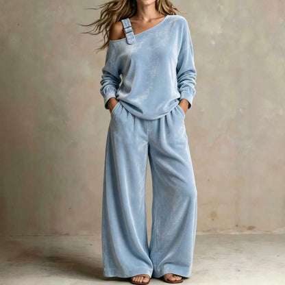 Women’s Velvet Two-Piece Set – Elegant Off-Shoulder Long-Sleeve Top & Full-Length Pants