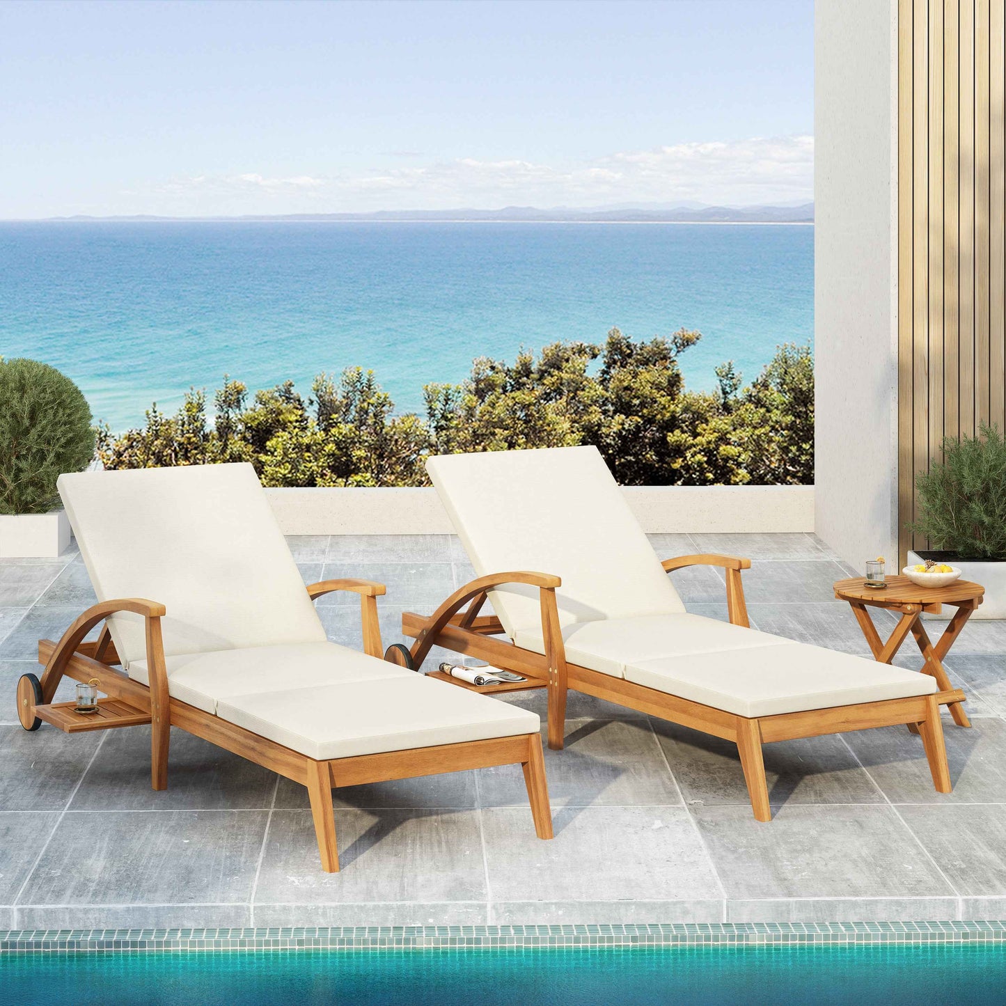 Acacia Wood Outdoor Chaise Lounge with Wheels – Adjustable Patio Recliner with Cream Cushion