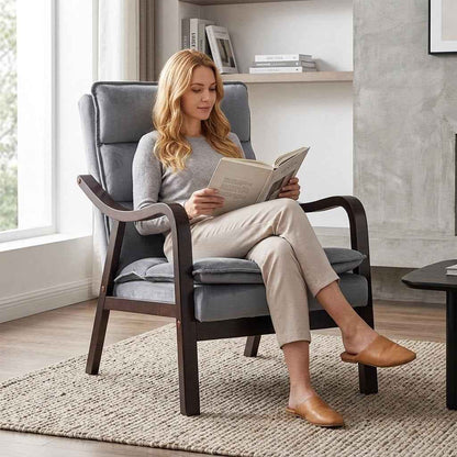 Mid-Century Modern Grey Velvet Accent Chair with Wood Armrests – Upholstered Reading Chair for Living Room & Bedroom | US Delivery Only
