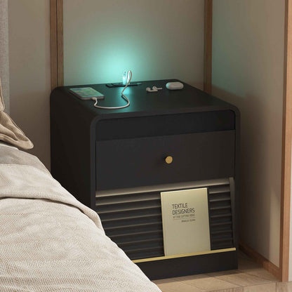 Black Smart Nightstand with Charging Station & LED Night Light – Bedside Table with Storage Cabinet