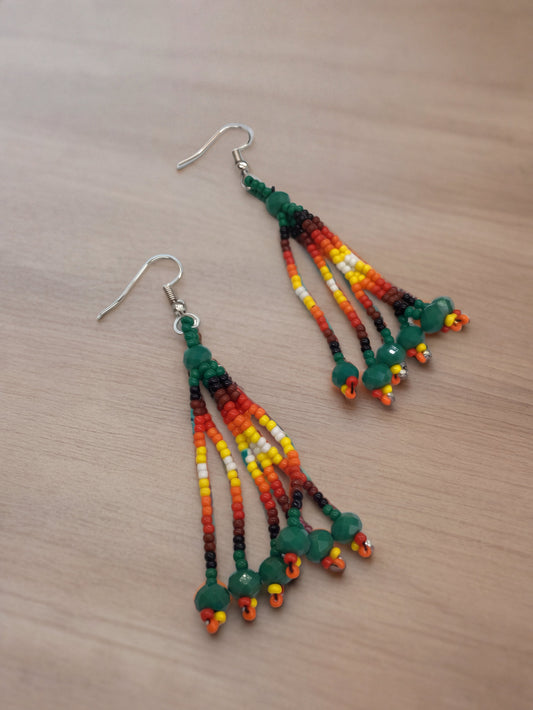 Green Six-Strand Beaded Cascade Earrings
