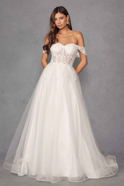 Off-Shoulder Wedding Gown with floral appliqué