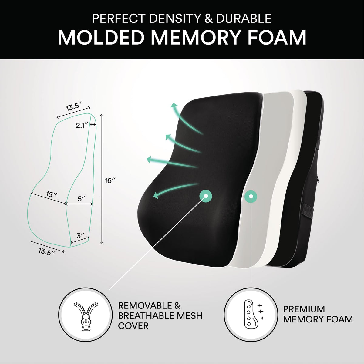 ObusForme Memory-Foam Lumbar Pillow Back Cushion – Dual-Strap Support for Office Chair, Car Seat & Gaming Chair, Breathable Washable Cover, Reversible Upper/Lower-Back Design, Black