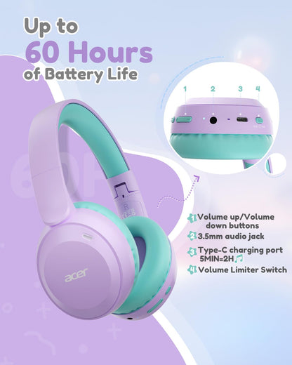 acer Kids Bluetooth Headphones, 85/94dB Volume Limiter, Foldable Wireless Over-Ear Headphones for iPad, Travel, 60H Playtime, Bluetooth 6.0, Built-in Mic, Purple Green, OHR668 🍁 All In One Marketplace Canada