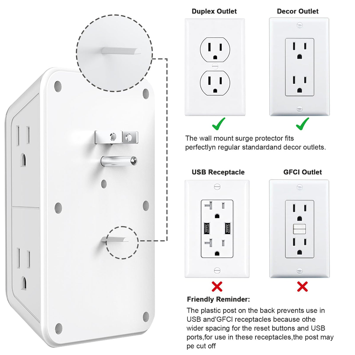 JcBlaon Outlet Extender Surge Protector - 6 Outlet Splitter with 4 USB Ports (2 USB C), Multiple Plug Expander Wall Charger, 3 Sided Multi Plug Wall Adapter Power Strip for Home Office Kitchen Travel 🍁 All In One Marketplace Canada