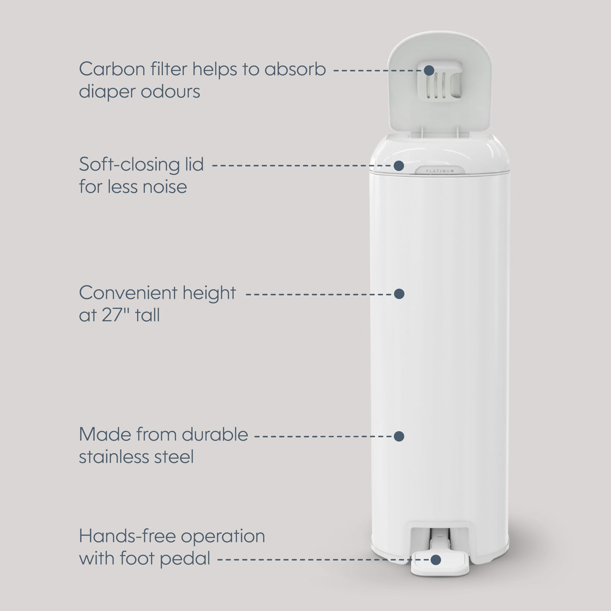 Diaper Genie Platinum Diaper Pail, White - Made in Durable Stainless Steel and Includes 1 Easy Roll Refill with 18 Bags 🍁 All In One Marketplace Canada