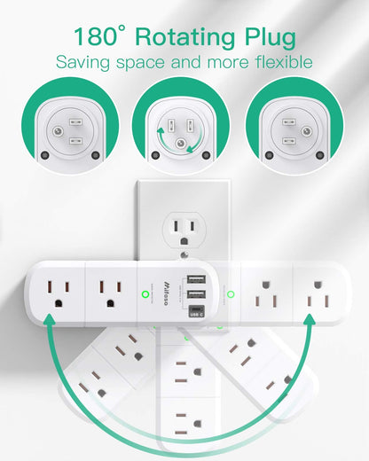 USB Outlet Extender Surge Protector - with Rotating Plug, 6 AC Multi Plug Outlet and 3 USB Ports (1 USB C), 3-Sided Swivel Power Strip with Spaced Outlet Splitter for Home, Office, Travel 🍁 All In One Marketplace Canada