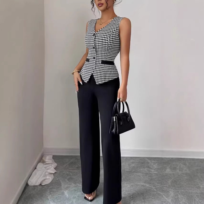 Women’s Houndstooth Vest & Solid Trousers Set – Slim-Fit Sleeveless Two-Piece Casual Suit