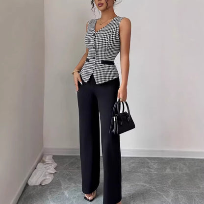 Women’s Houndstooth Vest & Solid Trousers Set – Slim-Fit Sleeveless Two-Piece Casual Suit