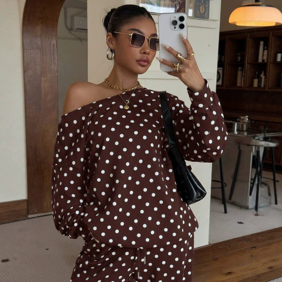 Women’s Polka-Dot Print Two-Piece Set – Long-Sleeve Sweatshirt & Loose-Fit Full-Length Pants