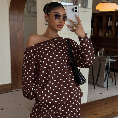 Women’s Polka-Dot Print Two-Piece Set – Long-Sleeve Sweatshirt & Loose-Fit Full-Length Pants