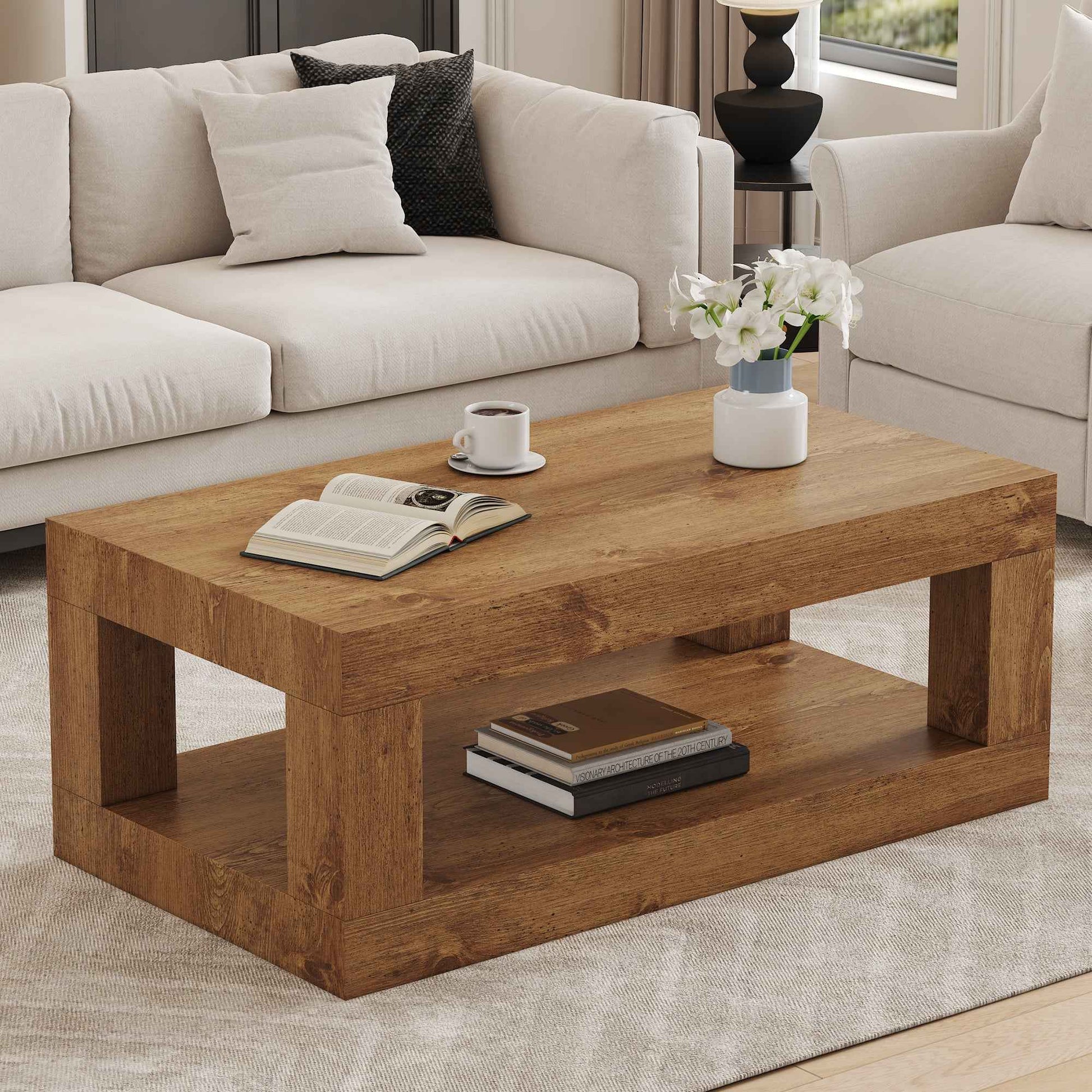 Modern 2-Tier Coffee Table with Open Storage Shelf – Rectangular Wood Center Table for Living Room, 250 lb Capacity (Deliver to United States Only)