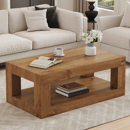 Modern 2-Tier Coffee Table with Open Storage Shelf – Rectangular Wood Center Table for Living Room, 250 lb Capacity (Deliver to United States Only)