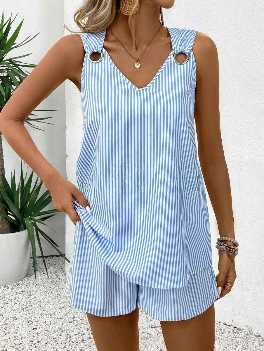 Women’s Summer Striped V-Neck Top & Shorts Set – Elegant Casual Two-Piece Outfit