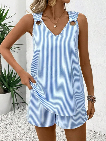 Women’s Summer Striped V-Neck Top & Shorts Set – Elegant Casual Two-Piece Outfit