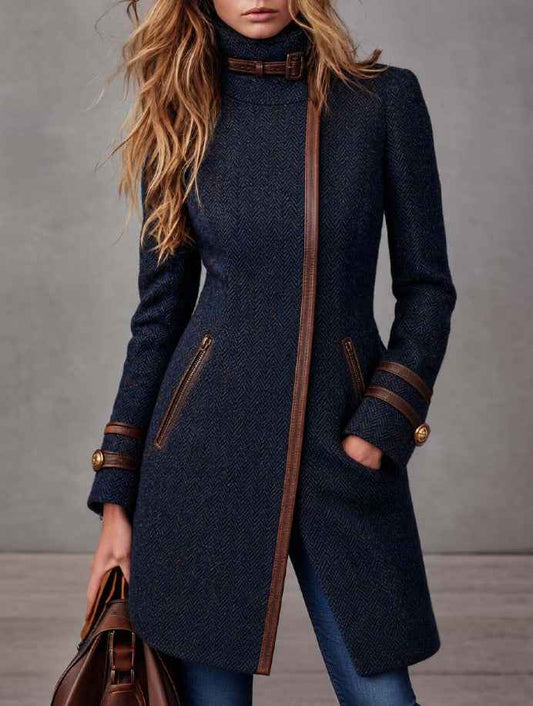 Women’s Mid-Length Herringbone Tweed Coat – Side-Zip Wool-Blend Jacket