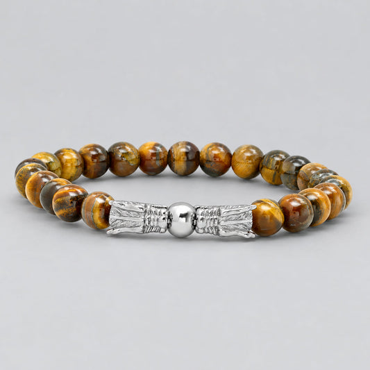 Men’s Tiger Eye Bead & Stainless Steel Dragon Head Biker Stretch Bracelet