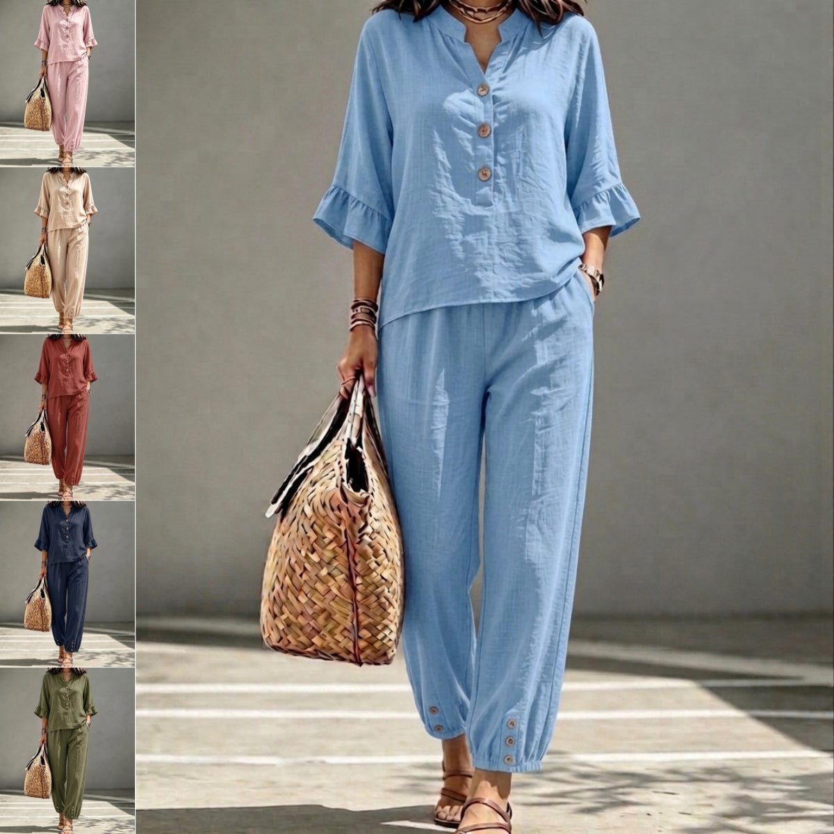 Women’s 2-Piece Casual V-Neck Top & Cropped Wide-Leg Pants Set – Retro Office Outfit