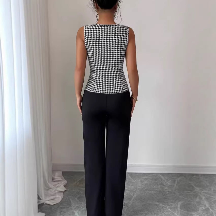 Women’s Houndstooth Vest & Solid Trousers Set – Slim-Fit Sleeveless Two-Piece Casual Suit