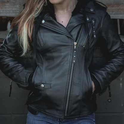 Open Road Women's Hooded Classic Leather Motorcycle Jacket
