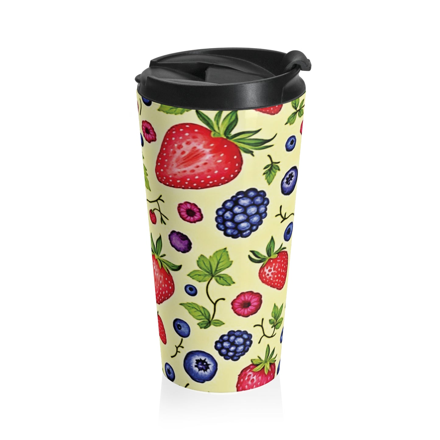 Strawberry & Berry Pattern Stainless Steel Travel Mug — Insulated Fruit Print Tumbler - AURABAGS SHOP