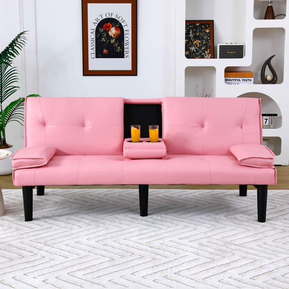 67" Pink PVC Sofa Bed with Foldable Design & Cup Holder, 2-Seater Convertible Sleeper Sofa (United States Delivery Only)