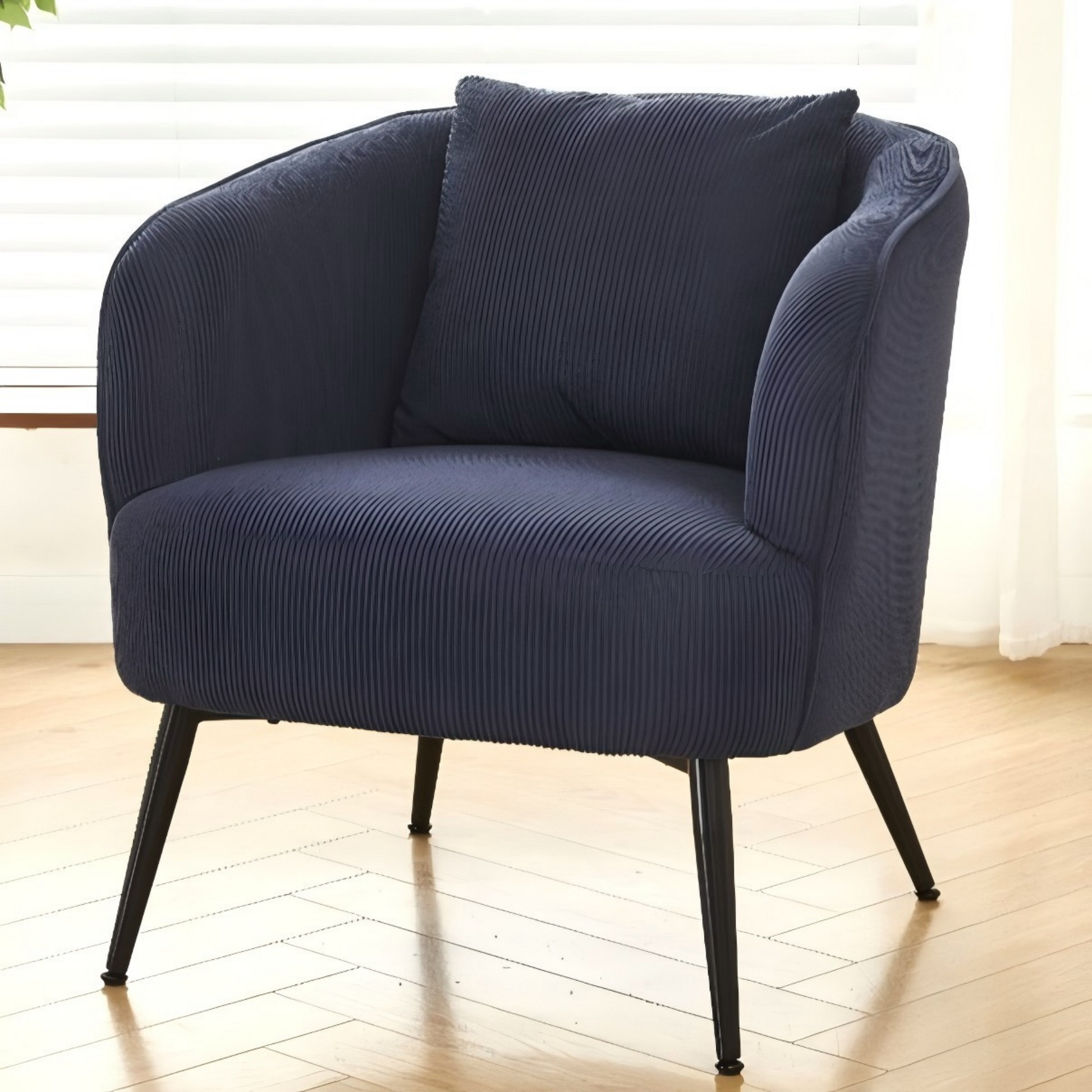 Velvet Accent Chair with Pillow – Modern Upholstered Barrel Armchair with Metal Legs, Blue (US Delivery Only)
