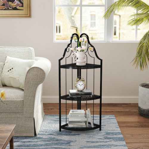 Black Metal 3-Tier Corner Bookcase with Open Shelves (United States Delivery Only)