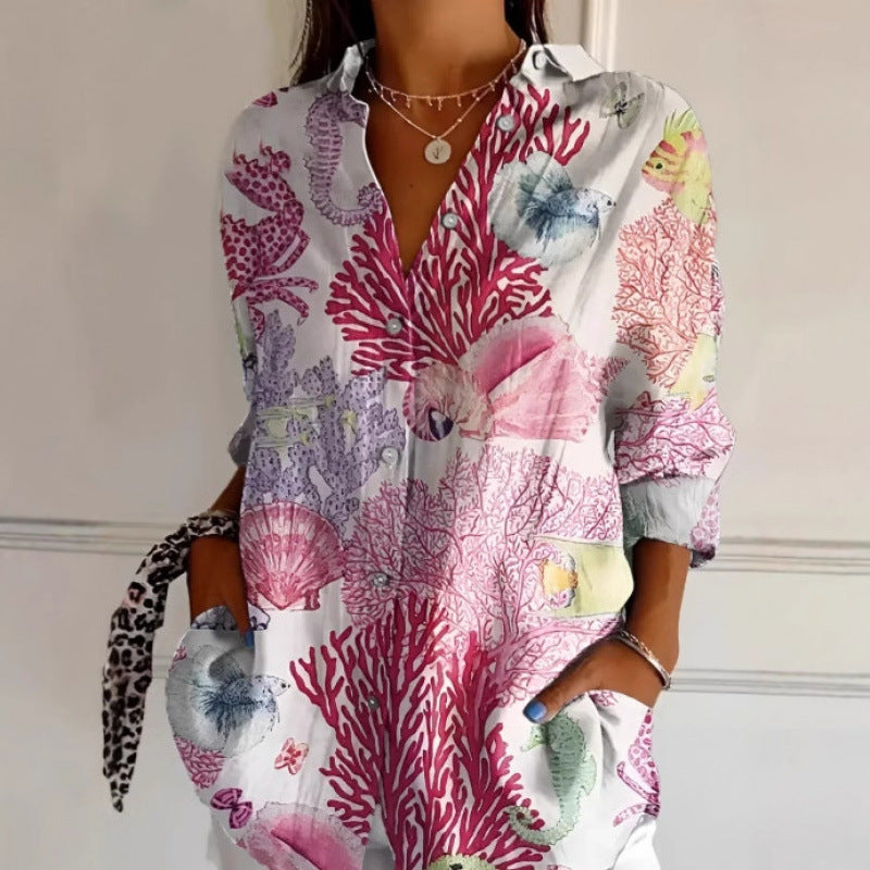 Women’s Floral Print Long-Sleeve Button Shirt – Casual Printed Cardigan Top | Sizes XS–5XL