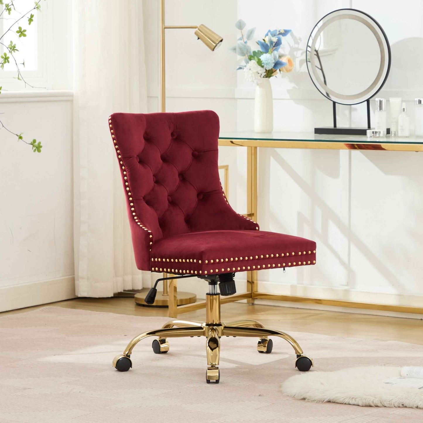 Wine Red Velvet Tufted Office Chair – Upholstered Swivel Desk Chair with Gold Metal Base (Deliver to United States Only)