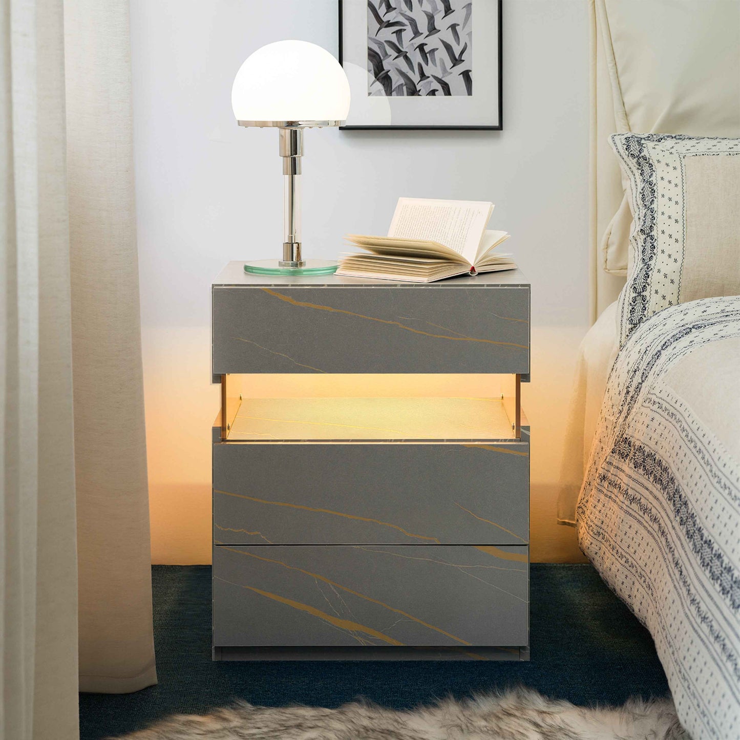 LED Nightstand with 3 Drawers, Acrylic Panel & RGB Lighting – Modern Grey & Gold Bedside Table