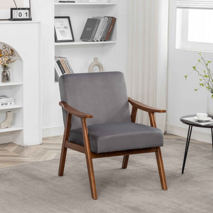 Grey Velvet Accent Chair – Mid-Century Modern Upholstered Armchair with Solid Wood Frame