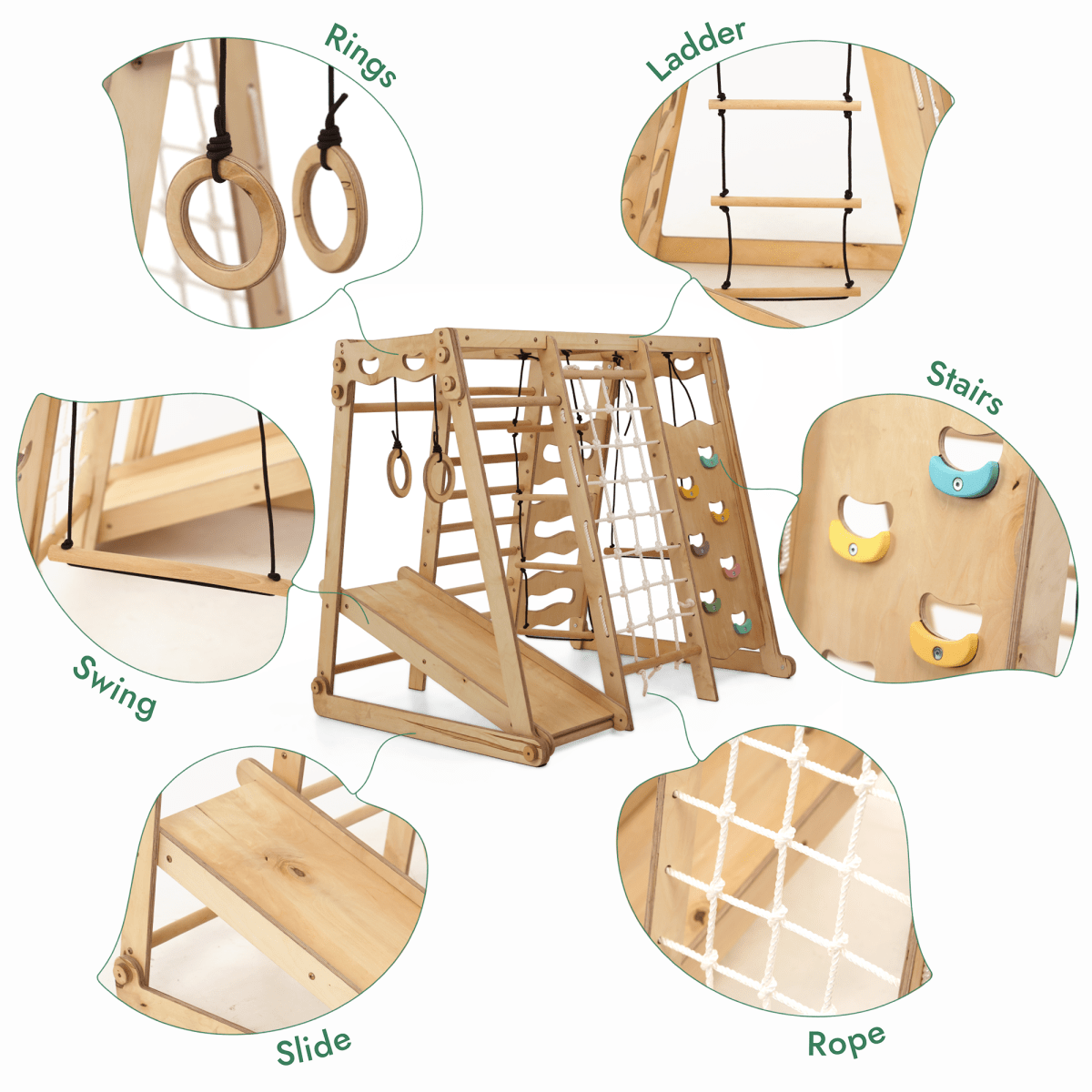 6in1 Indoor Jungle Gym for Toddler: Playground + Swings Set + Slide Board + Rope + Stairs