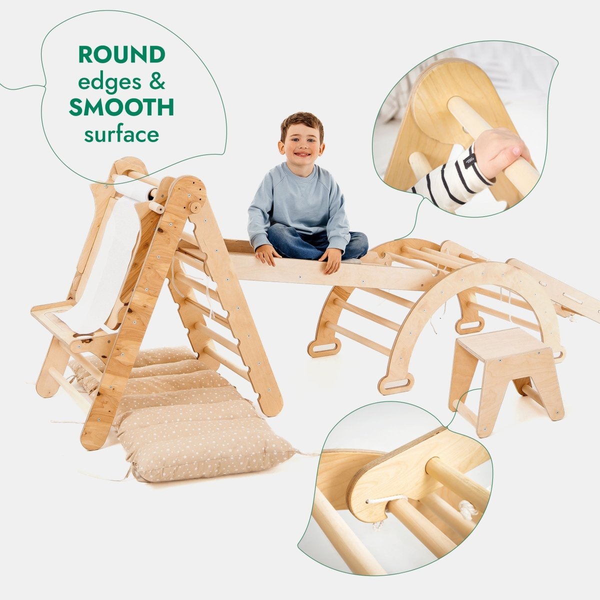 6in1 Montessori Climbing Frame Set: Triangle Ladder + Arch/Rocker + Slide/Ramp + Net + Cushion + Art Addition