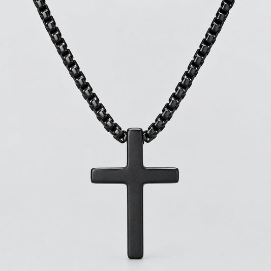 Men's Black Steel Cross Pendant Necklace Box Chain Biker Jewelry
