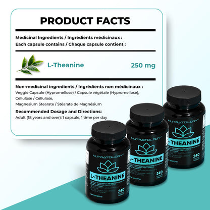Nutratology® L-Theanine 250MG Capsules | Canadian-Made | For Stress Management | Promotes Relaxation & Calmness Without Drowsiness - L-Theanine Supplement for Stress Relief | 240 Capsules 🍁 All In One Marketplace Canada