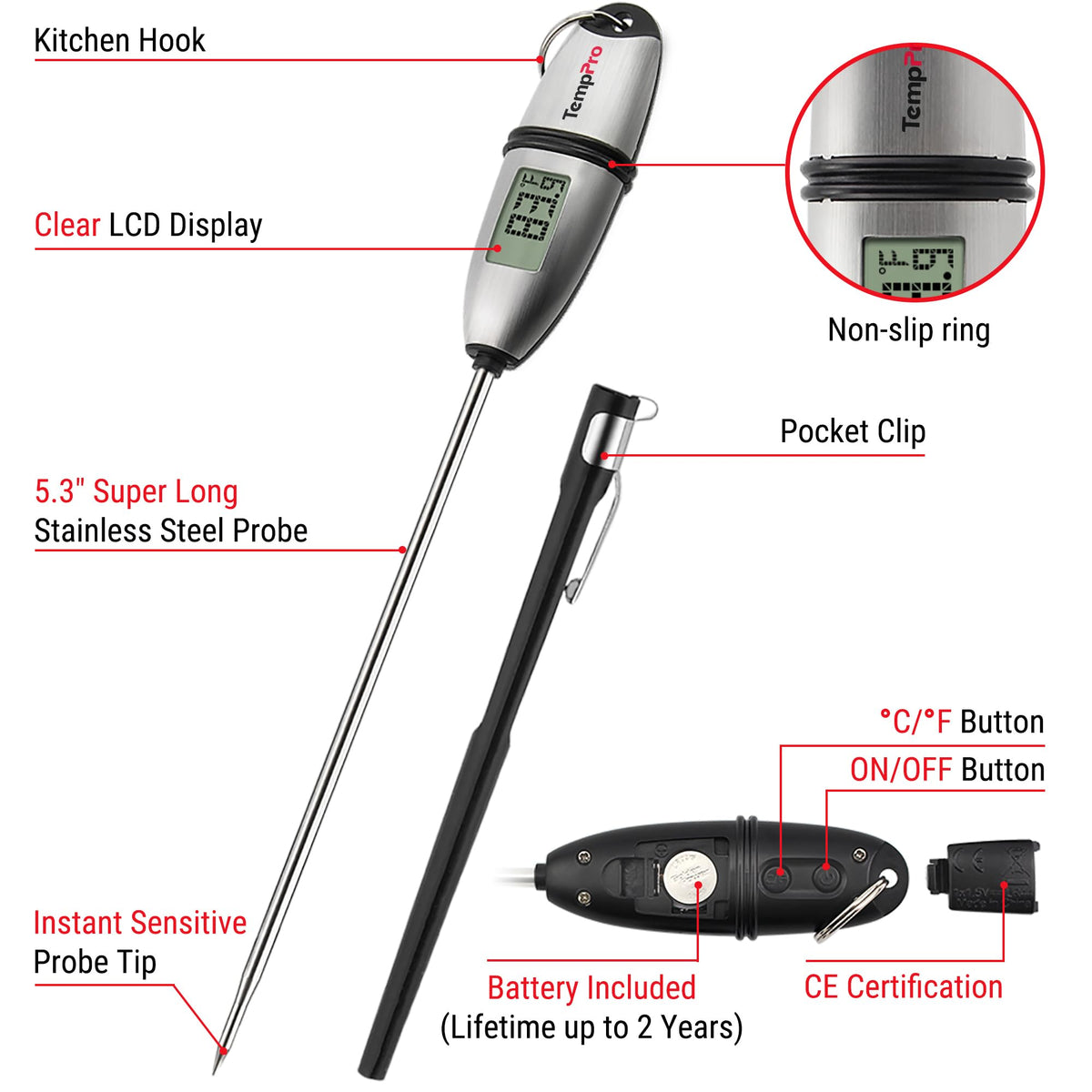 TempPro TP02S Digital Food Thermometer for Cooking Bread Baking Sourdough Liquids, Meat Thermometer Digital with Super Long Probe for Kitchen BBQ Yogurt Candy Making Accessory (Previously ThermoPro) 🍁 All In One Marketplace Canada