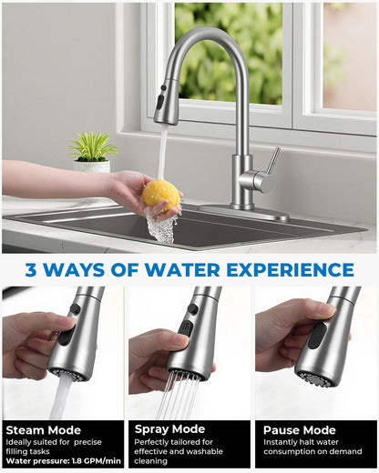 WEWE Pull-Down Kitchen Faucet with Sprayer 3 Modes, High Arc Stainless Steel with Brushed Nickel Finish, for 1 or 3 Hole Kitchen Sinks for Pot Filler, Farmhouse Bar Laundry 🍁 All In One Marketplace Canada