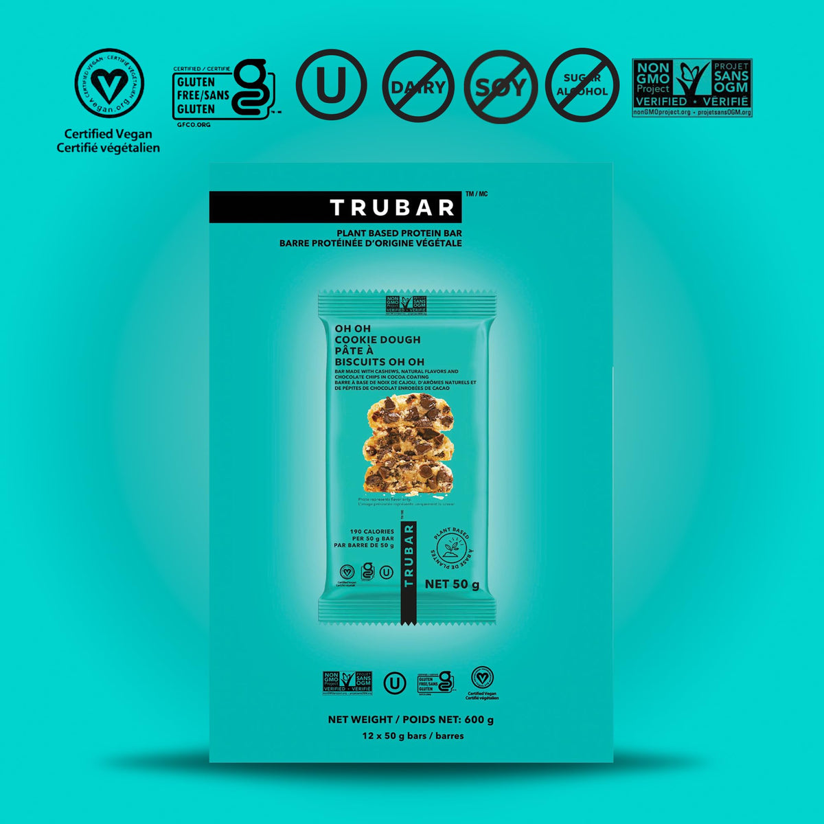 TRUBAR Vegan Protein Bar, Oh Oh Cookie Dough, Gluten Free, Plant Based, High Fiber, Dairy Free, Low Fat, Non GMO, No Sugar Alcohols, 12G Lean Protein, 13G Fiber, Healthy Snack Bars, 12 CT 🍁 All In One Marketplace Canada