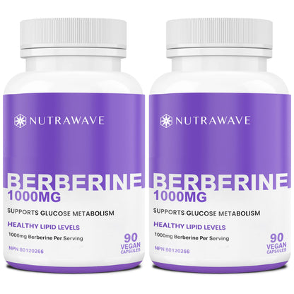 Nutrawave PURE Berberine MAXIMUM POTENCY 1000mg per Serving (2 capsules 500mg each) Supports Blood Sugar Levels, Healthy Lipid (Fat) and Glucose Metabolism. Non-GMO, Vegan, Gluten Free. 90 Easy to Swallow Capsules- 2 pack 🍁 All In One Marketplace Canada