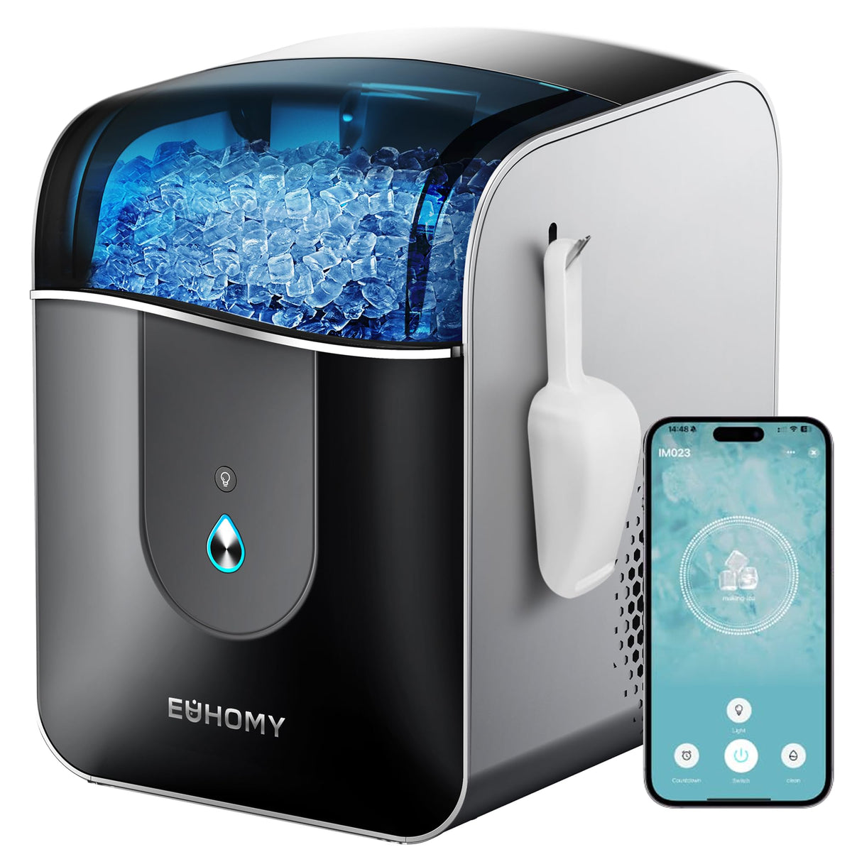 EUHOMY Smart Nugget Ice Maker Countertop, 40lbs/24H Sonic Ice Machine with APP Control, Ready in 8 Mins, Self-Cleaning Pebble Ice Machine for Home/Kitchen/Office