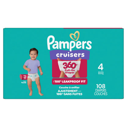 Pampers Diapers - Cruisers 360° - Size 4, up to 100% Leakproof Fit, Designed for Active Babies, Pull On Diaper, EZ Off Tabs Designed for Easy Changes, 1 Pack (Count of 108) 🍁 All In One Marketplace Canada