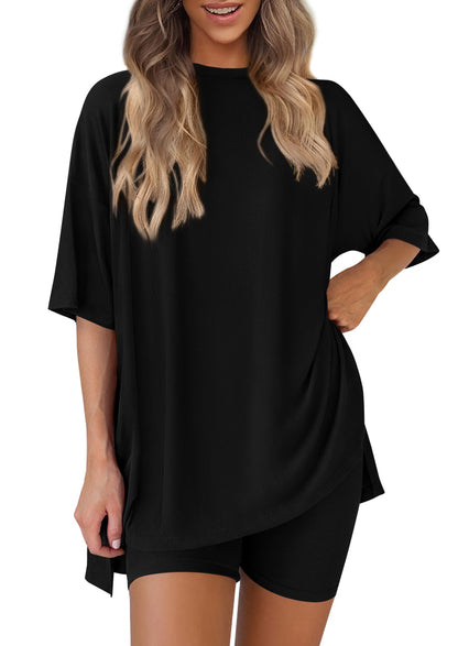 PRETTYGARDEN Women's Two Piece Lounge Set 2026 Summer Casual Oversized Shirts Biker Shorts Matching Airport Travel Outfit (Black,Large) 🍁 All In One Marketplace Canada