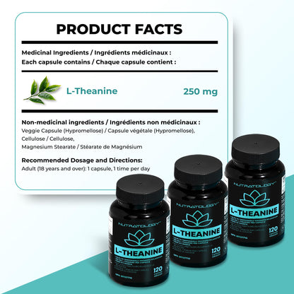 Nutratology® L-Theanine 250MG Capsules | Canadian-Made | For Stress Management | Promotes Relaxation & Calmness Without Drowsiness - L-Theanine Supplement for Stress Relief | 120 Capsules 🍁 All In One Marketplace Canada
