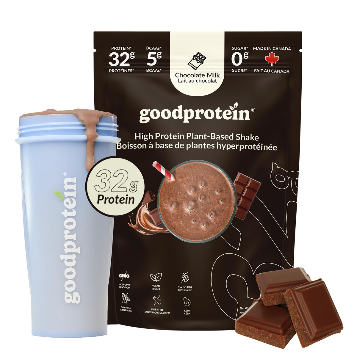 Good Protein – 32g Protein, Vegan High Protein Powder, 100% Natural, Non-GMO, Dairy-free, Gluten & Soy Free and No Added Sugar. Plant-Based Protein Shake (Chocolate Milk, 470 g) 🍁 All In One Marketplace Canada
