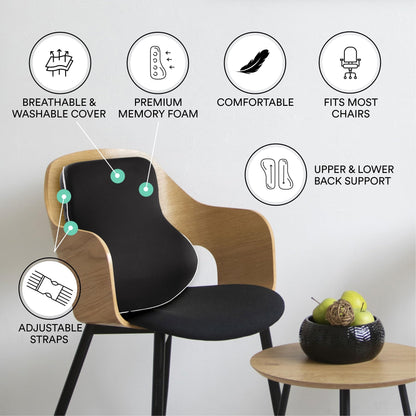 ObusForme Memory-Foam Lumbar Pillow Back Cushion – Dual-Strap Support for Office Chair, Car Seat & Gaming Chair, Breathable Washable Cover, Reversible Upper/Lower-Back Design, Black